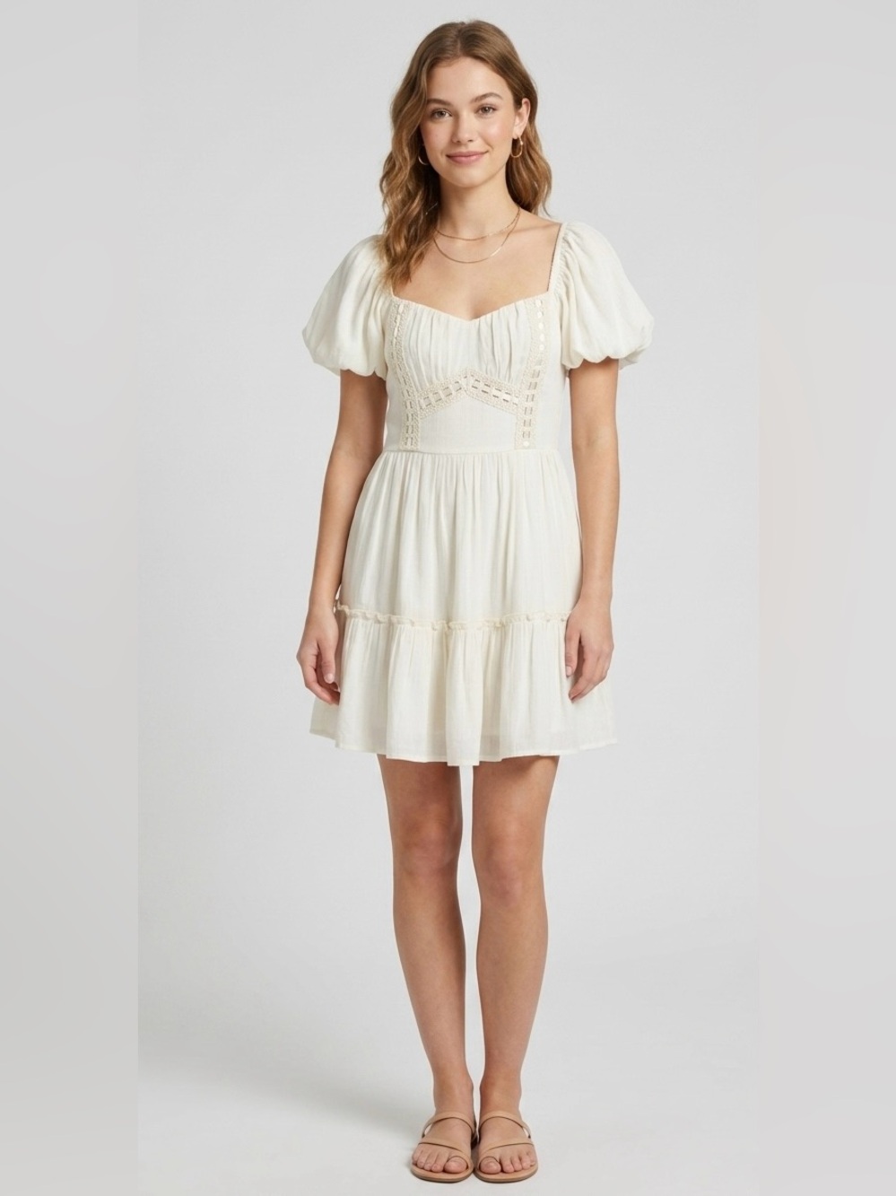 Trixxi Cream Cottagecore Mini Dress Puff Sleeve Lace Trim Medium peasant fest